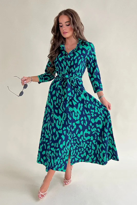 Brielle Navy & Green Leopard Print Long Sleeve Shirt Maxi Dress