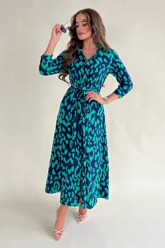 Brielle Navy & Green Leopard Print Long Sleeve Shirt Maxi Dress