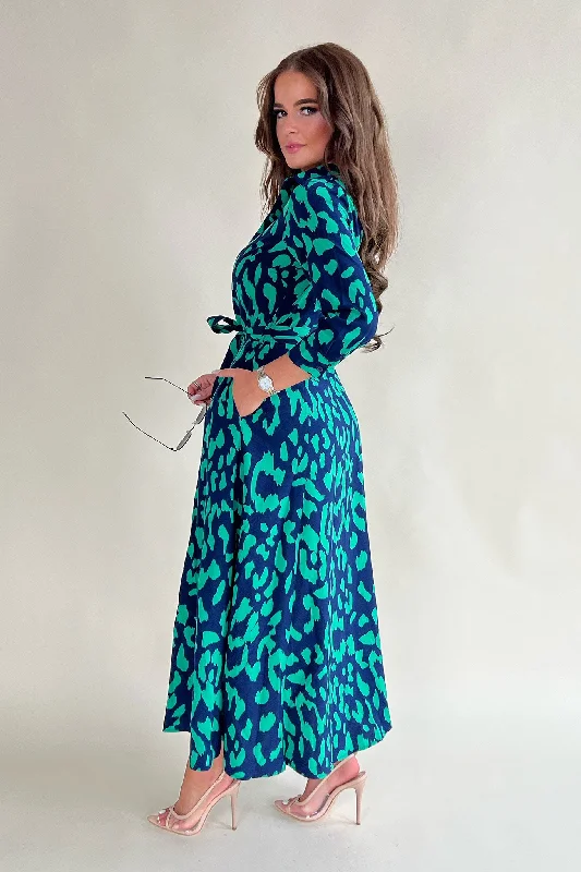 Brielle Navy & Green Leopard Print Long Sleeve Shirt Maxi Dress