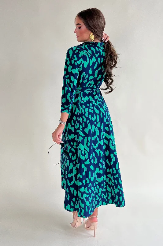 Brielle Navy & Green Leopard Print Long Sleeve Shirt Maxi Dress