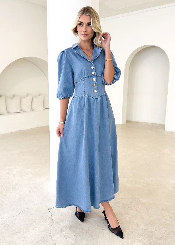 Carmine Denim Maxi Dress - Mid Blue