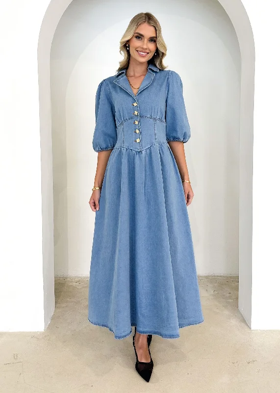 Carmine Denim Maxi Dress - Mid Blue