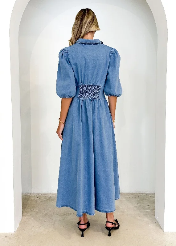 Carmine Denim Maxi Dress - Mid Blue