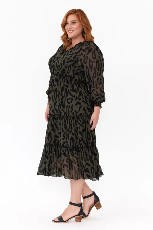 Darby Khaki Animal Tier Midi Dress