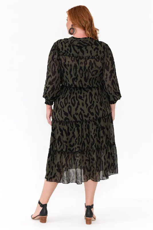 Darby Khaki Animal Tier Midi Dress