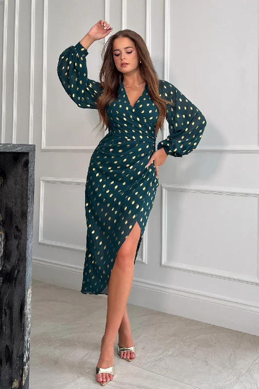 Elsa Green Foil Wrap Asymmetric Dress