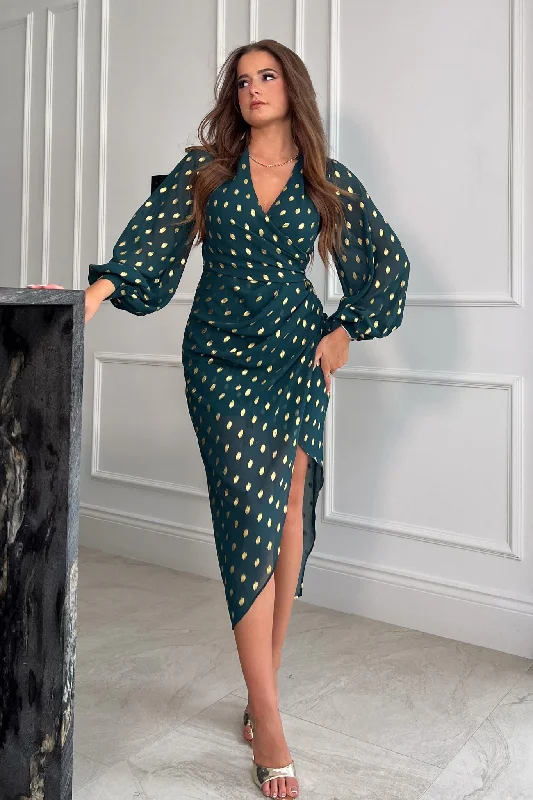 Elsa Green Foil Wrap Asymmetric Dress