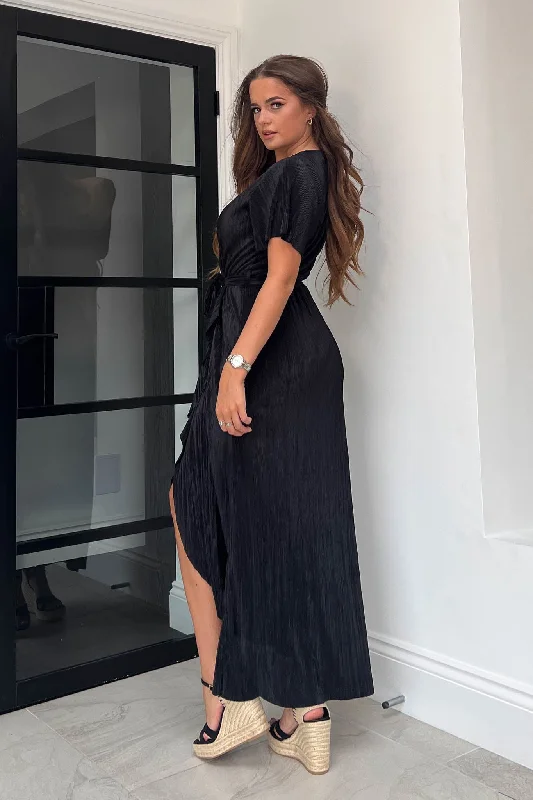 Farrah Black Plisse Split Hem Frill Detail Maxi Dress