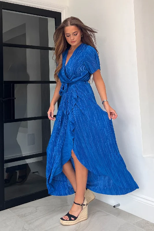 Farrah Cobalt Plisse Split Hem Frill Detail Maxi Dress