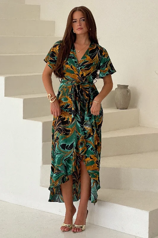 Farrah Green Marble Print Maxi Dress