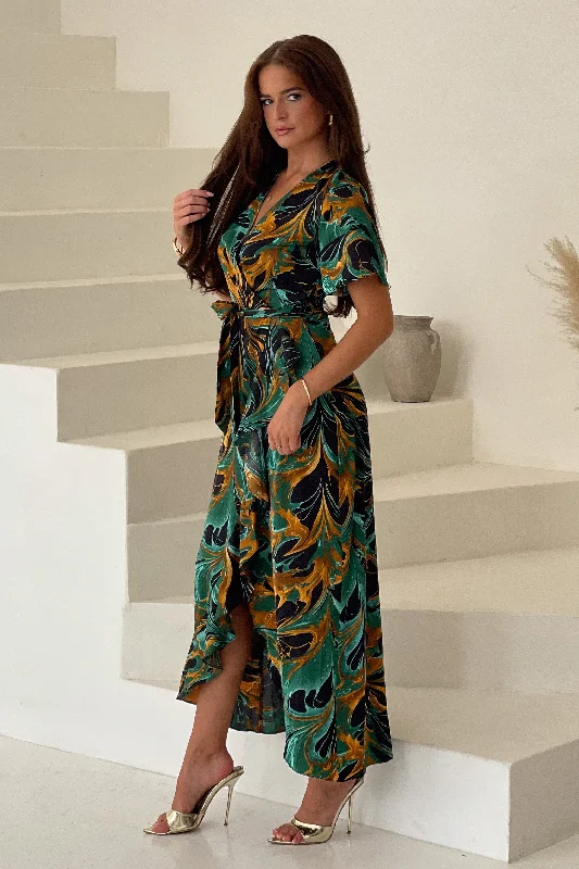 Farrah Green Marble Print Maxi Dress