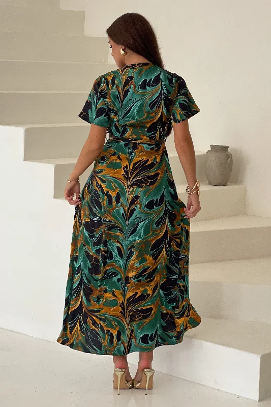 Farrah Green Marble Print Maxi Dress