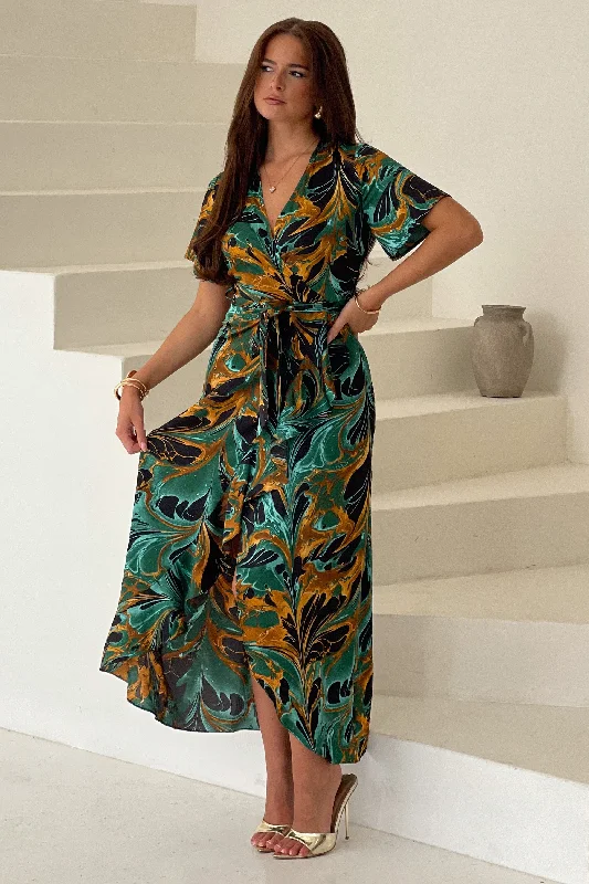 Farrah Green Marble Print Maxi Dress