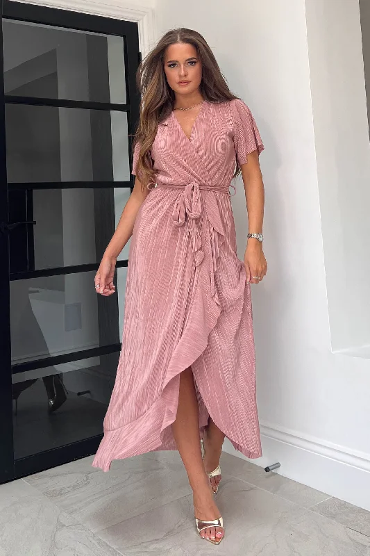 Farrah Nude Plisse Split Hem Frill Detail Maxi Dress