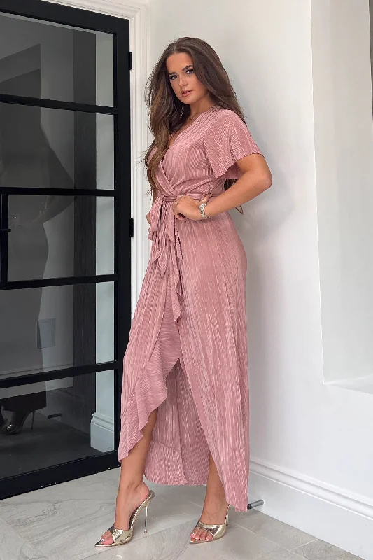 Farrah Nude Plisse Split Hem Frill Detail Maxi Dress