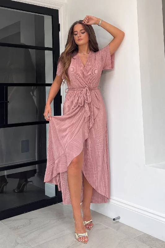 Farrah Nude Plisse Split Hem Frill Detail Maxi Dress