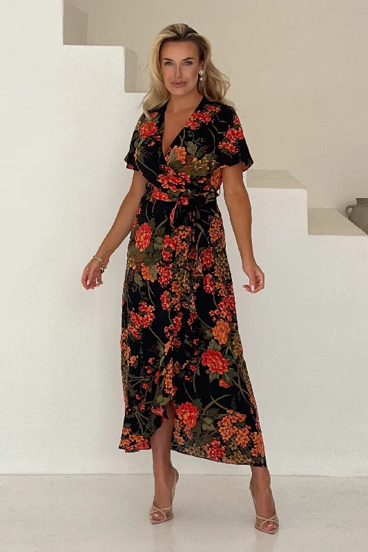 Farrah Split Hem Frill Maxi Dress In Brown Floral