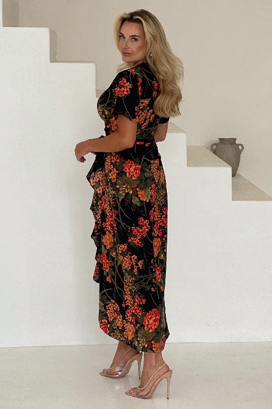 Farrah Split Hem Frill Maxi Dress In Brown Floral