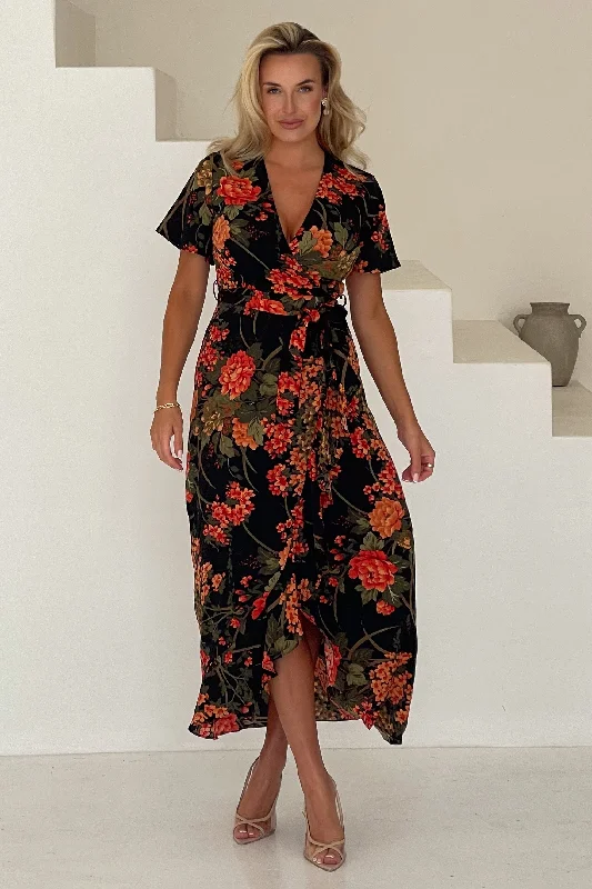 Farrah Split Hem Frill Maxi Dress In Brown Floral