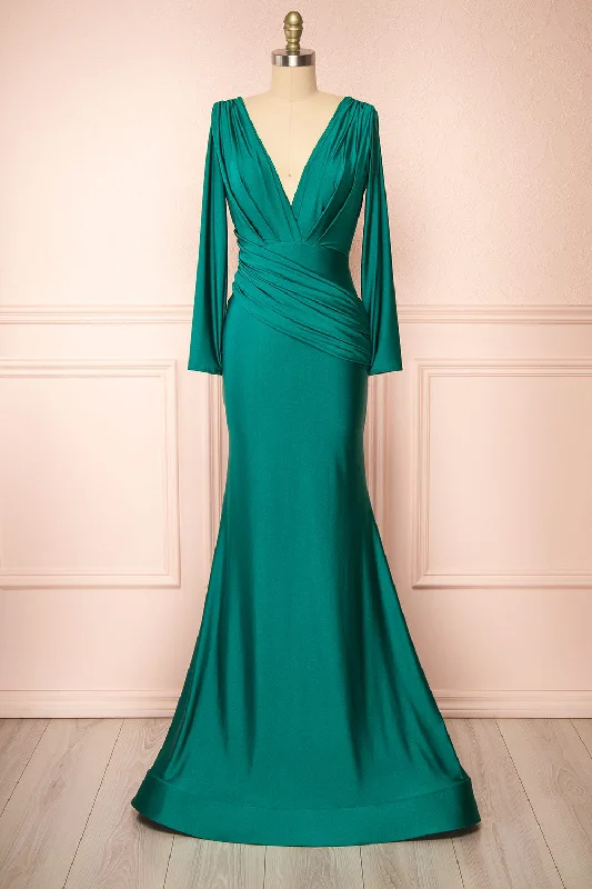 Lenai Green | Draped Mermaid Gown w/ Long Sleeves