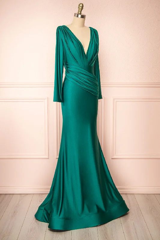 Lenai Green | Draped Mermaid Gown w/ Long Sleeves