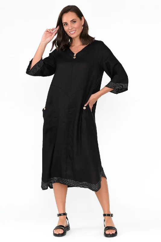 Lolita Black Linen Pocket Dress