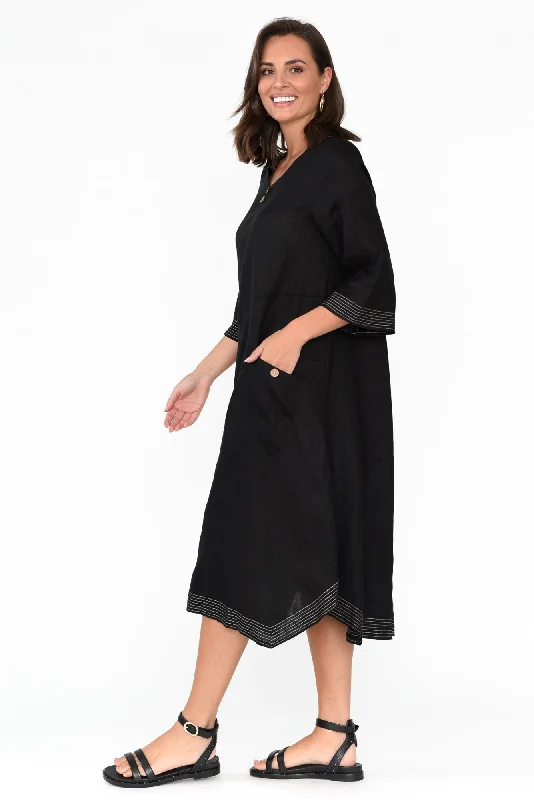 Lolita Black Linen Pocket Dress