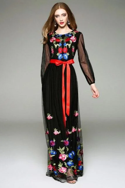 FashionSierra - Long Lantern Sleeves Floral Embroidery Sash Belt Elegant Maxi Dress