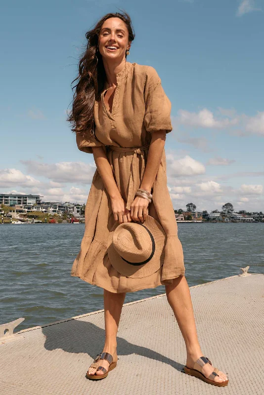 Mattea Camel Linen Ruffle Dress