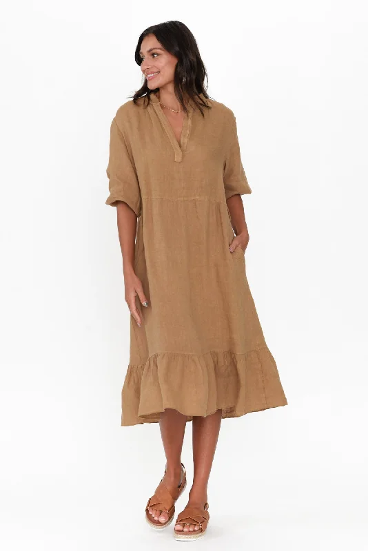 Mattea Camel Linen Ruffle Dress