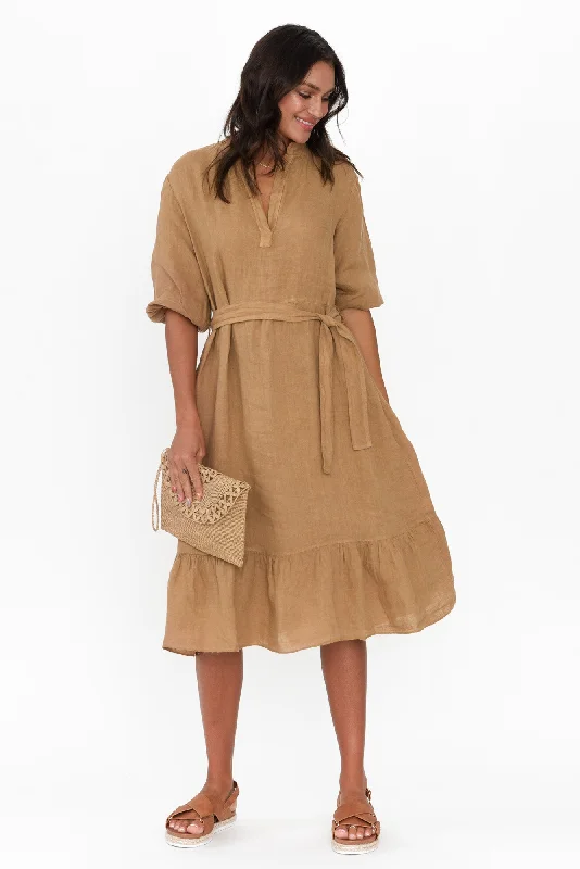 Mattea Camel Linen Ruffle Dress