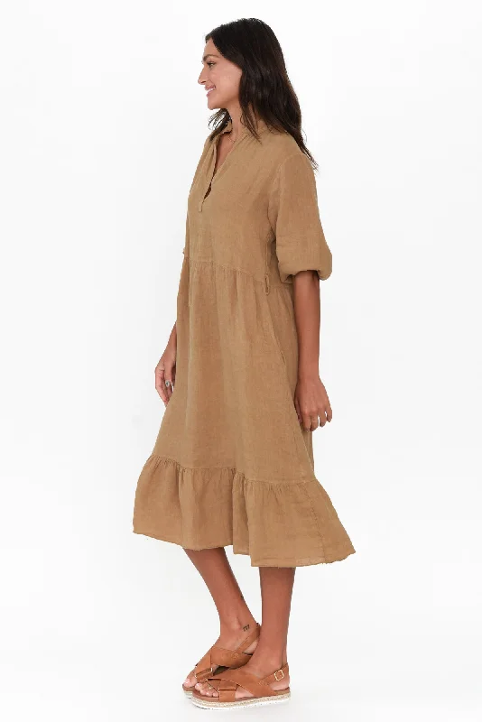 Mattea Camel Linen Ruffle Dress