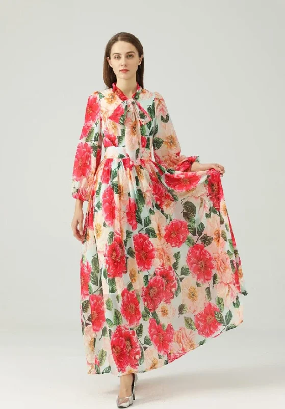 FashionSierra - Lace Up Bow Collar Long Sleeves Floral Printed Maxi Dress