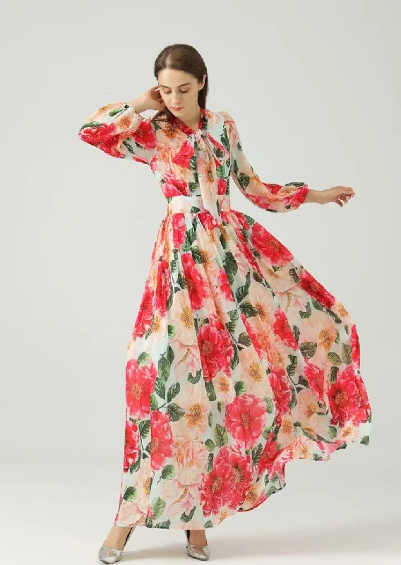 FashionSierra - Lace Up Bow Collar Long Sleeves Floral Printed Maxi Dress