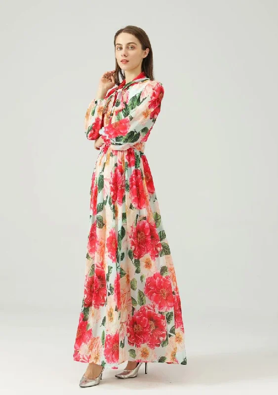 FashionSierra - Lace Up Bow Collar Long Sleeves Floral Printed Maxi Dress