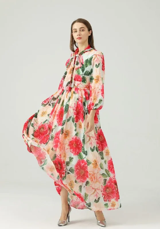 FashionSierra - Lace Up Bow Collar Long Sleeves Floral Printed Maxi Dress