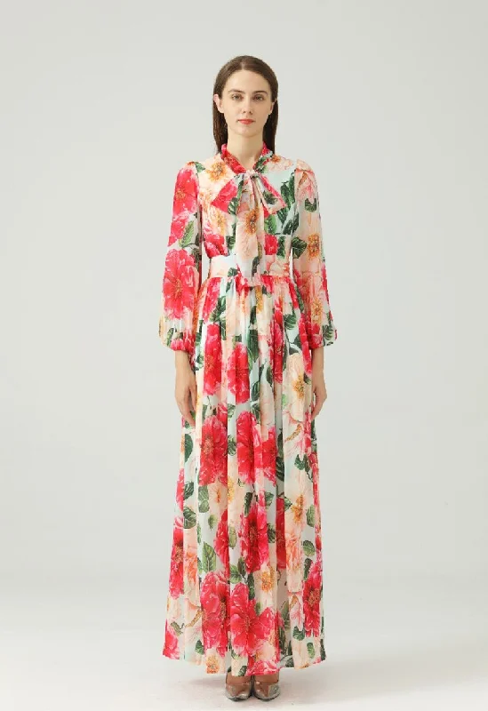 FashionSierra - Lace Up Bow Collar Long Sleeves Floral Printed Maxi Dress