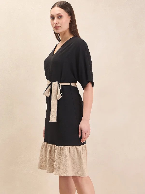 Black And Beige Kimono Midi Dress