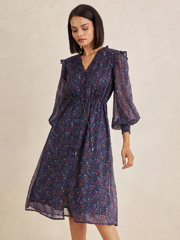 Blue Lurex Floral Print Button Down Midi Dress