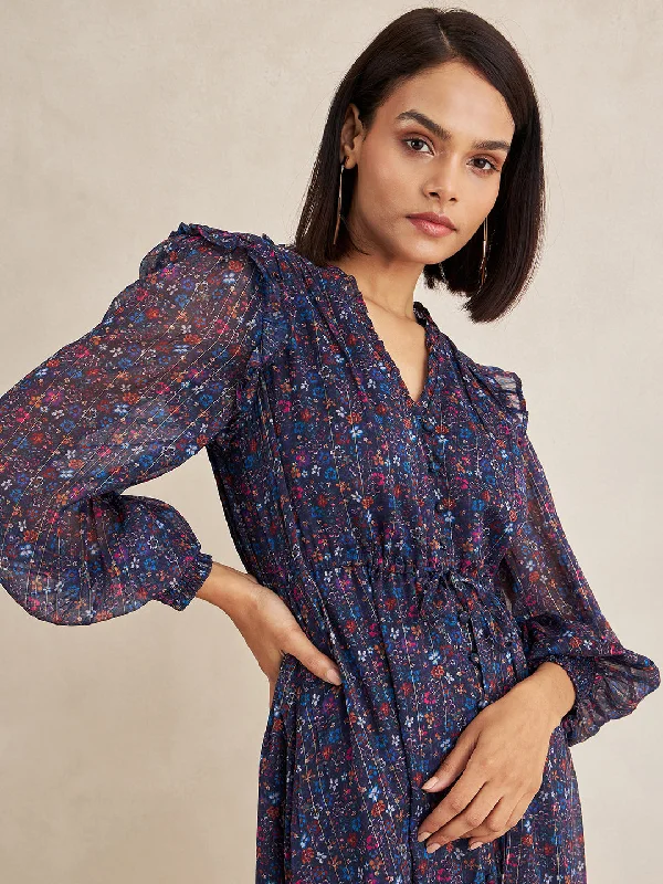 Blue Lurex Floral Print Button Down Midi Dress