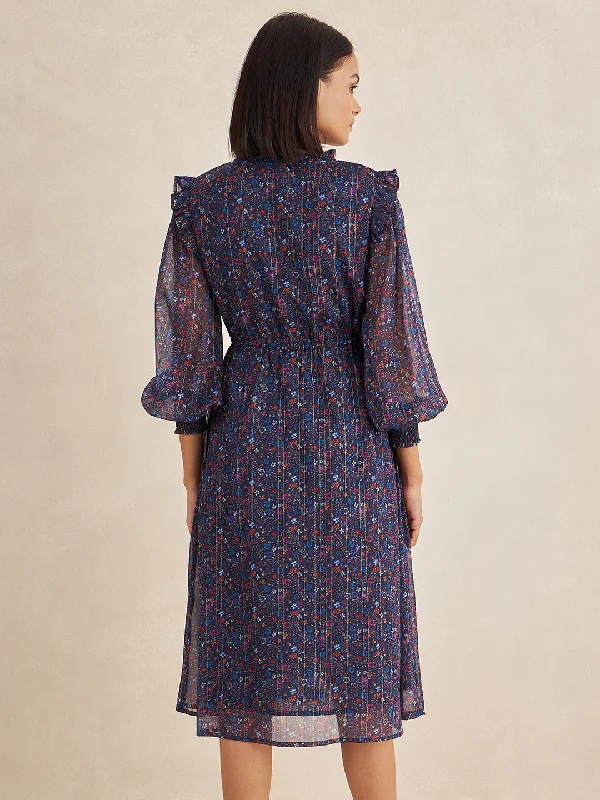 Blue Lurex Floral Print Button Down Midi Dress