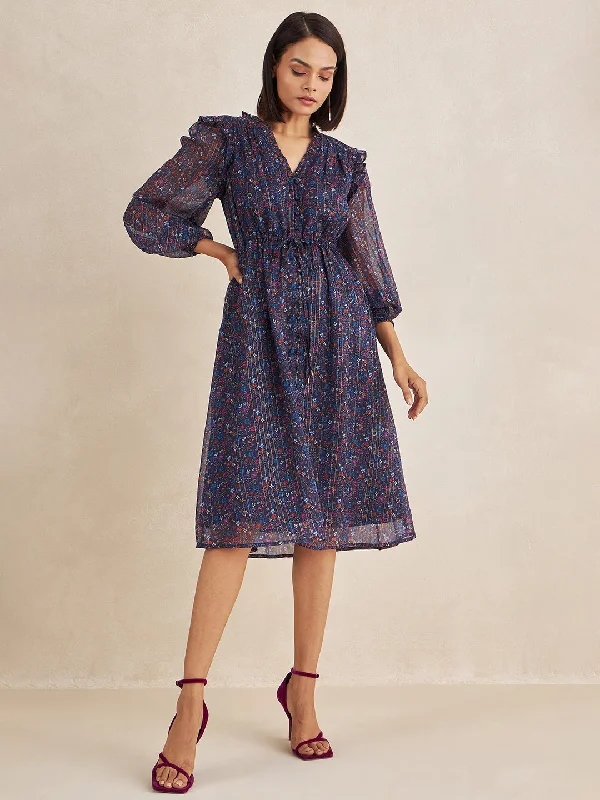 Blue Lurex Floral Print Button Down Midi Dress