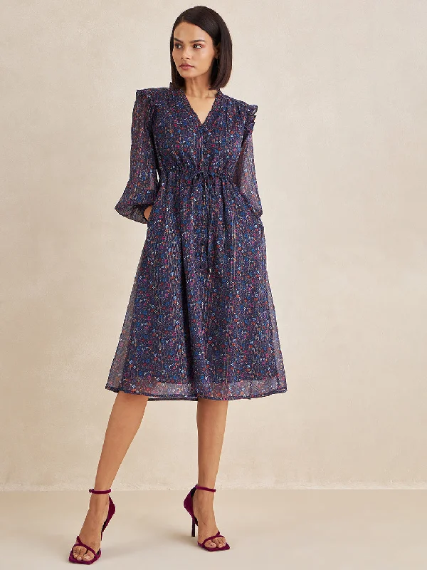 Blue Lurex Floral Print Button Down Midi Dress