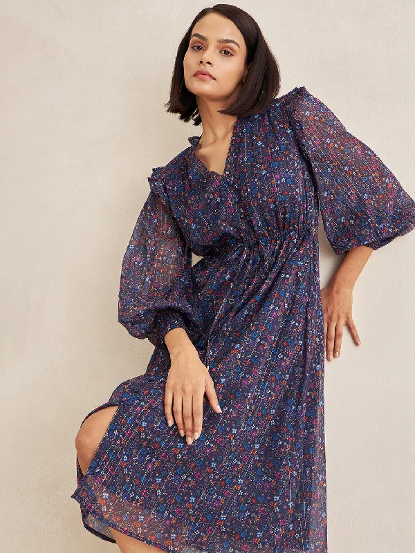 Blue Lurex Floral Print Button Down Midi Dress