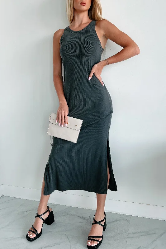 Chances Are Ribbed Tank Midi Dress (Charcoal)