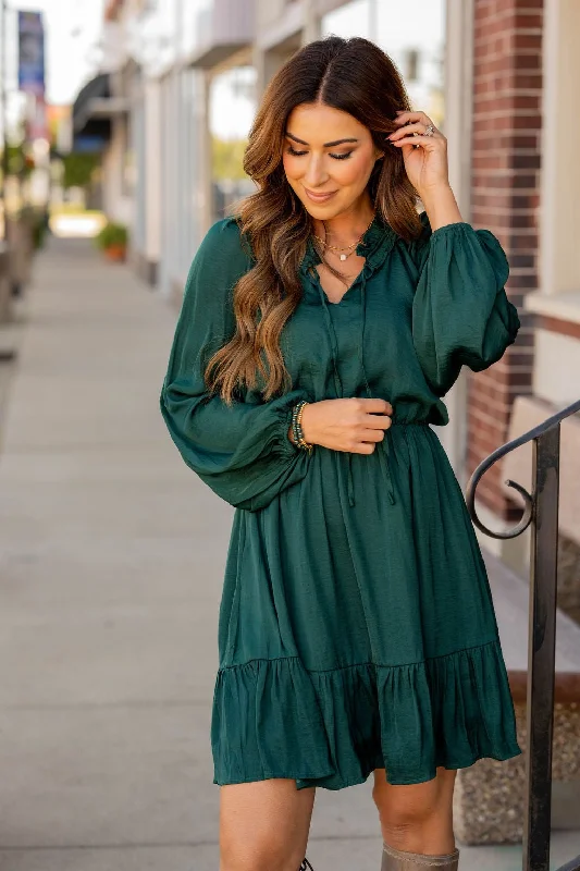 Classy Balloon Sleeve Ruffle Accented Dress