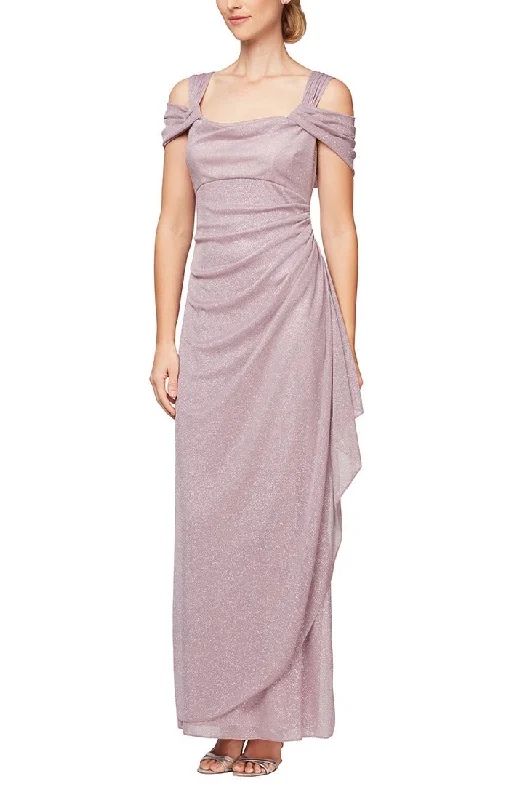 Cold Shoulder Glitter Mesh Dress with Draped Skirt & Cowl Neckline