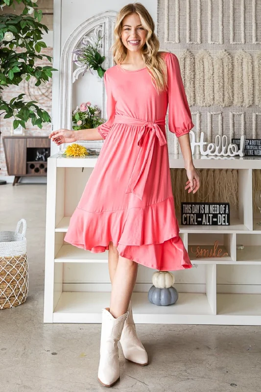 Coral Tie Front Ruffle Hem Midi Dress