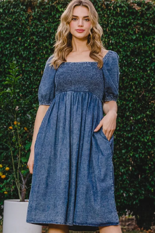 Denim Washed Smocked Puff Sleeve Midi Dress