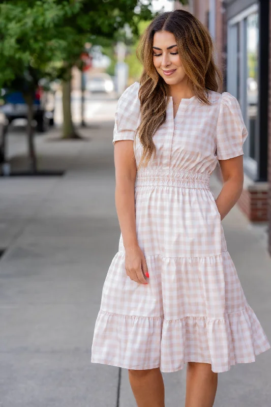 Gingham Short Sleeve Tiered Dress